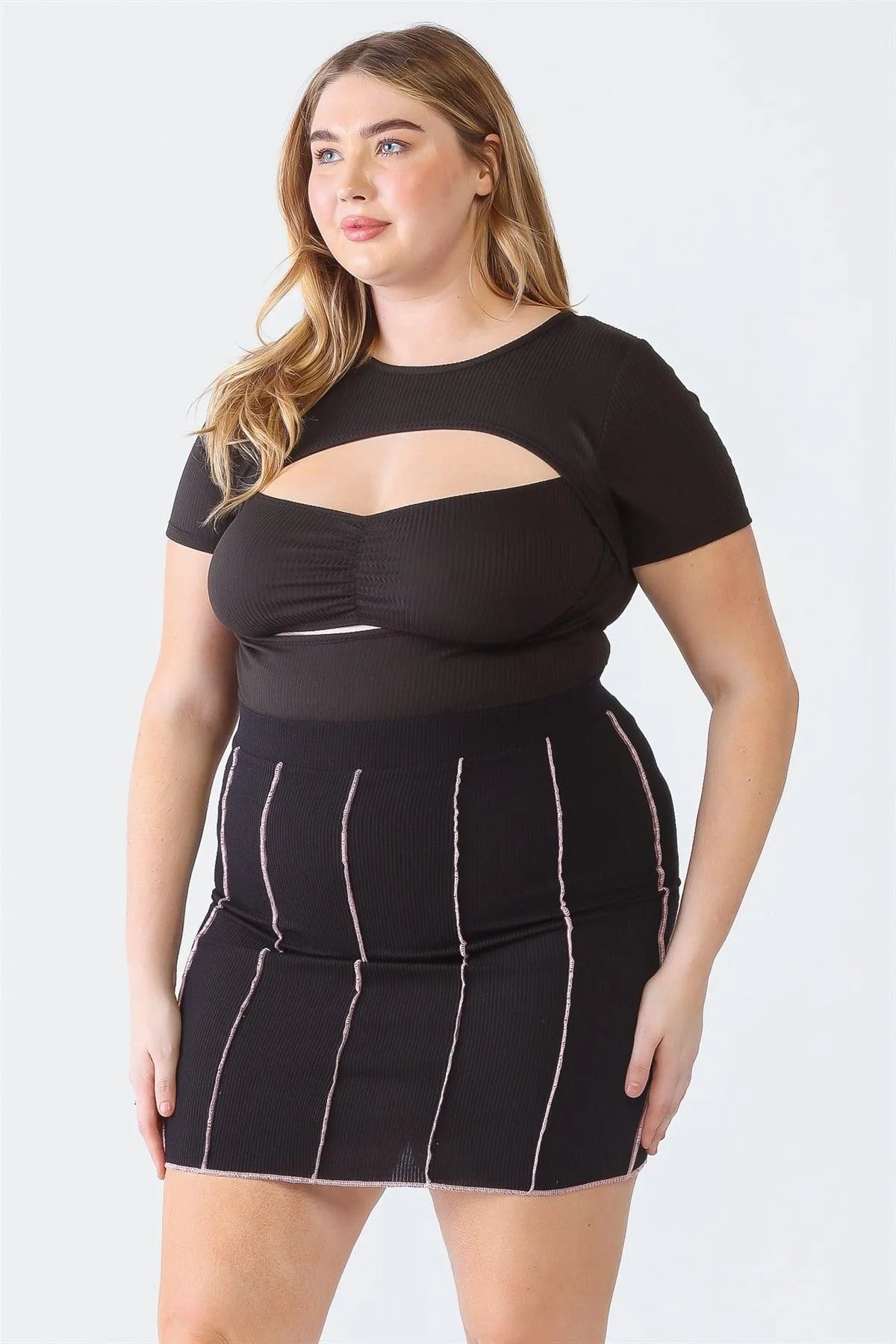 Junior Plus Black Ribbed Seam Detail High Waist Mini Skirt /1-1-1 - Tasha Apparel Wholesale