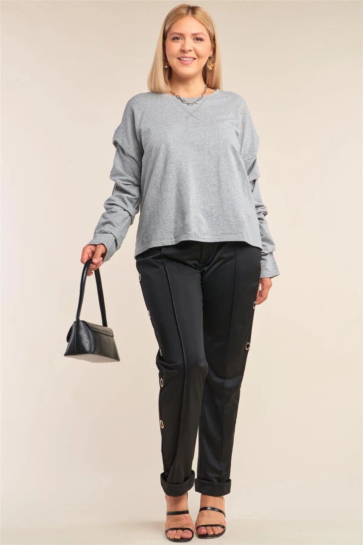 Junior Plus Size Heather Grey Relaxed Fit Crew Neck Long Gathered Sleeve Detail Top /3-2-1 - Tasha Apparel Wholesale