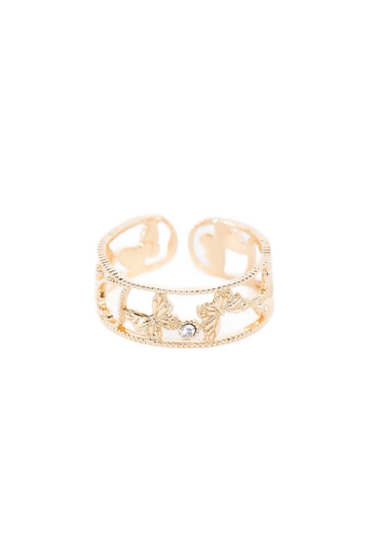 Gold Heart Butterfly Carving Clear Gemstone Ring - Tasha Apparel Wholesale
