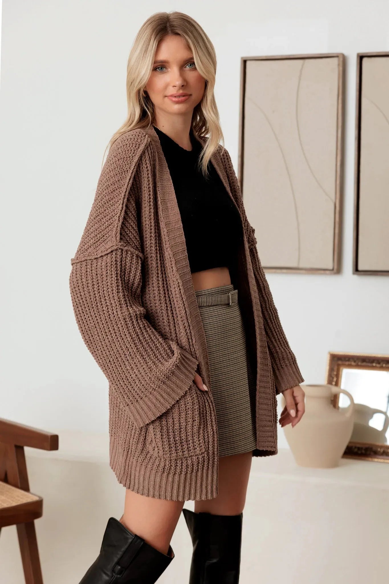 Long Sleeve Two Pocket Open Front Knit Cardigan - Tasha Apparel Wholesale