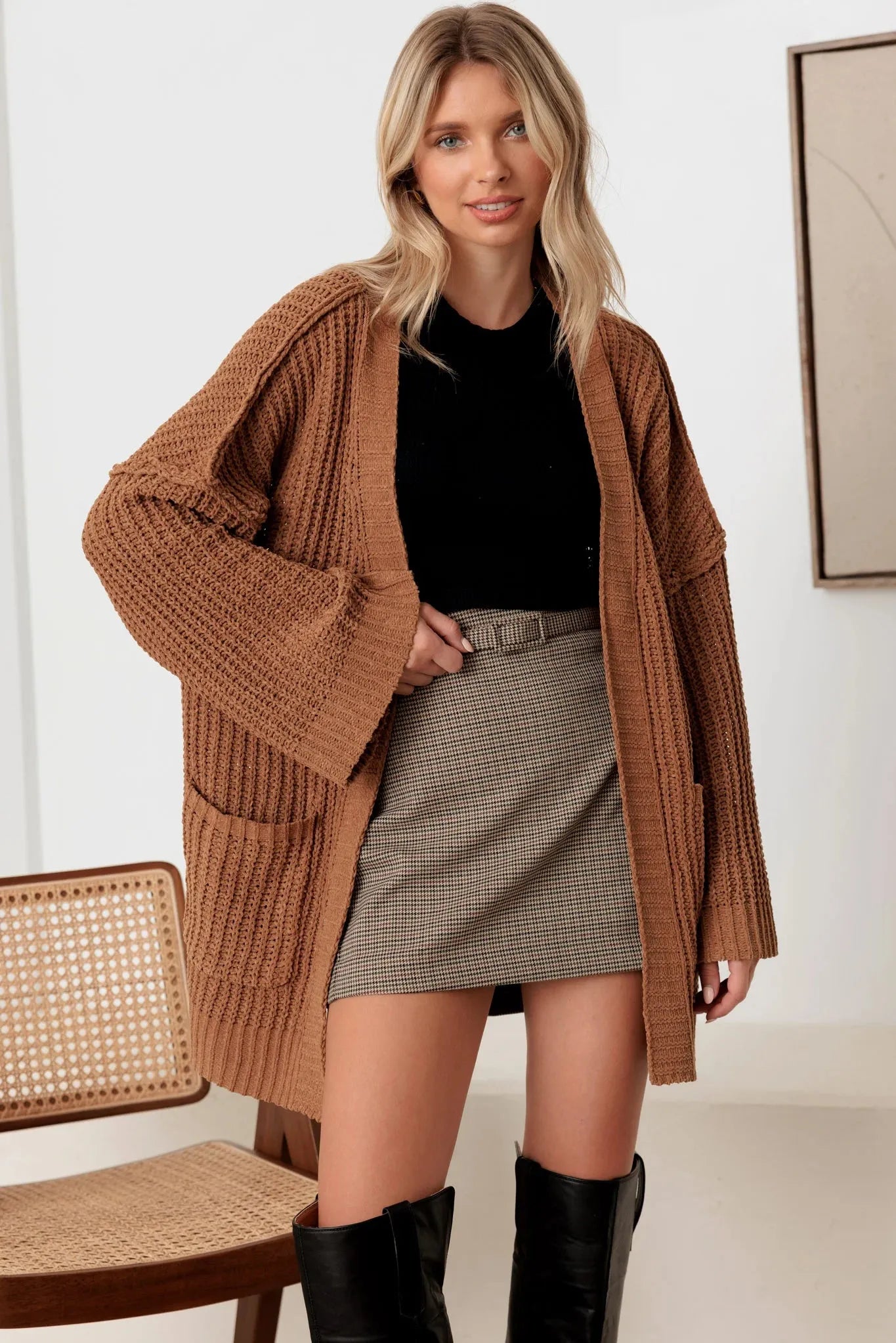 Long Sleeve Two Pocket Open Front Knit Cardigan - Tasha Apparel Wholesale