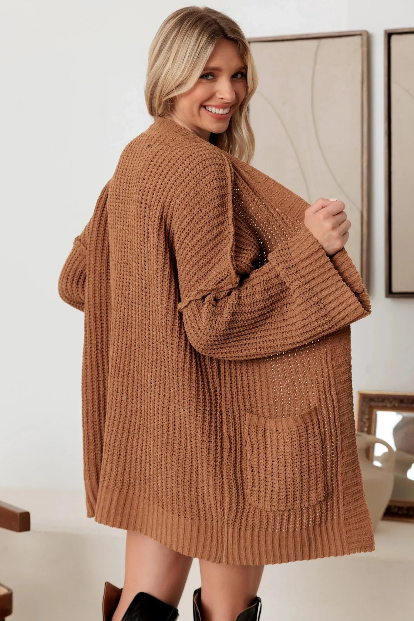 Long Sleeve Two Pocket Open Front Knit Cardigan - Tasha Apparel Wholesale