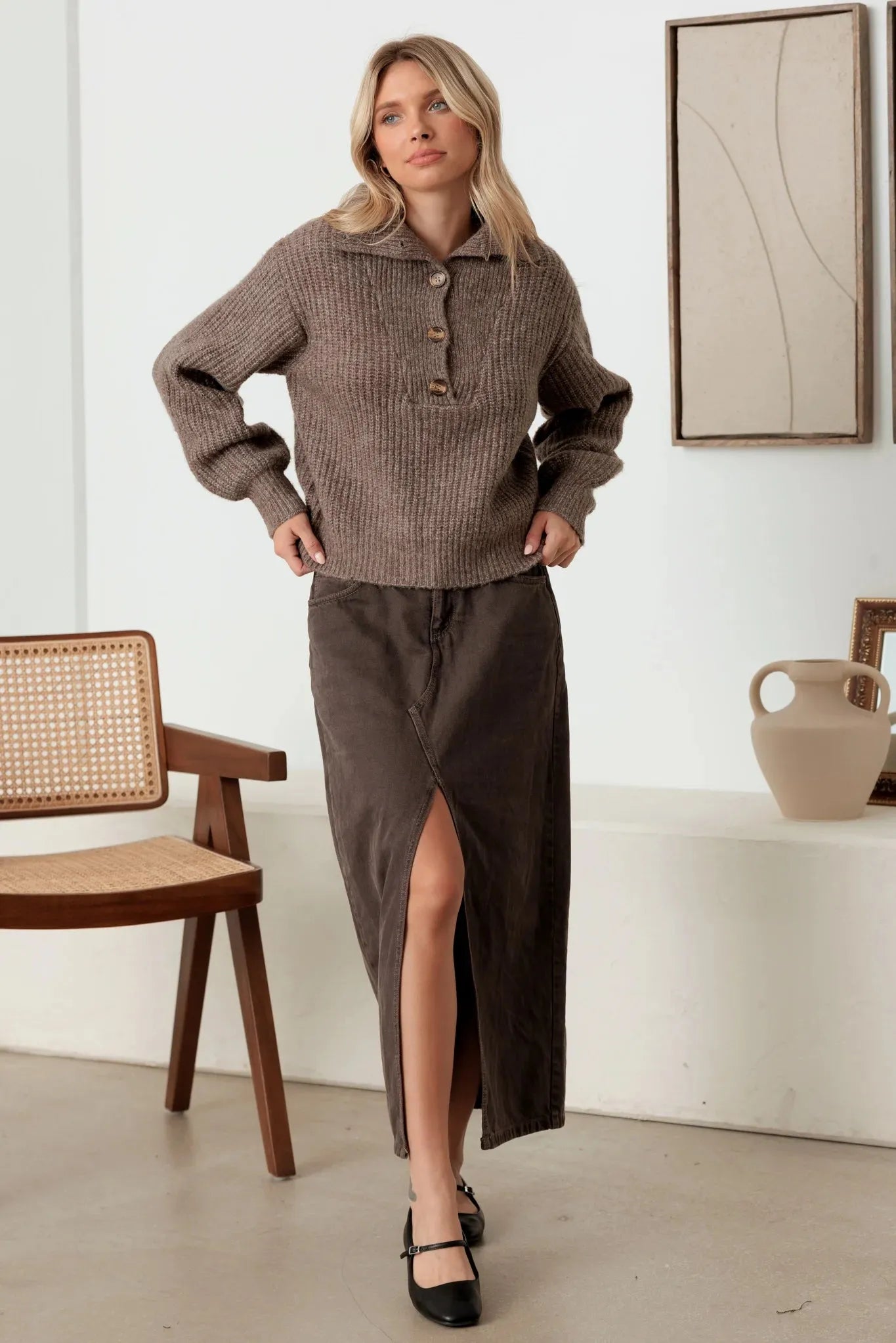 100% Wool Button-Up Neck Pullover Sweater - Tasha Apparel Wholesale