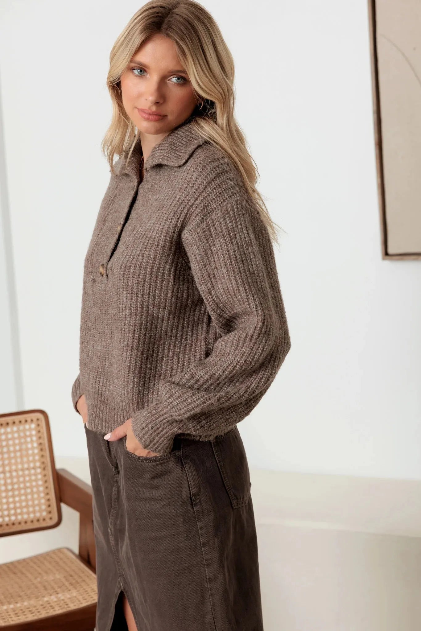 100% Wool Button-Up Neck Pullover Sweater - Tasha Apparel Wholesale