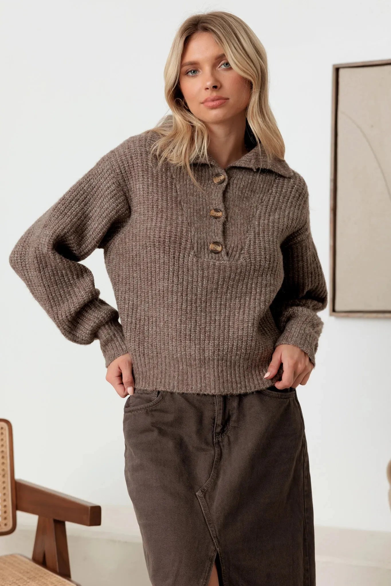 100% Wool Button-Up Neck Pullover Sweater - Tasha Apparel Wholesale