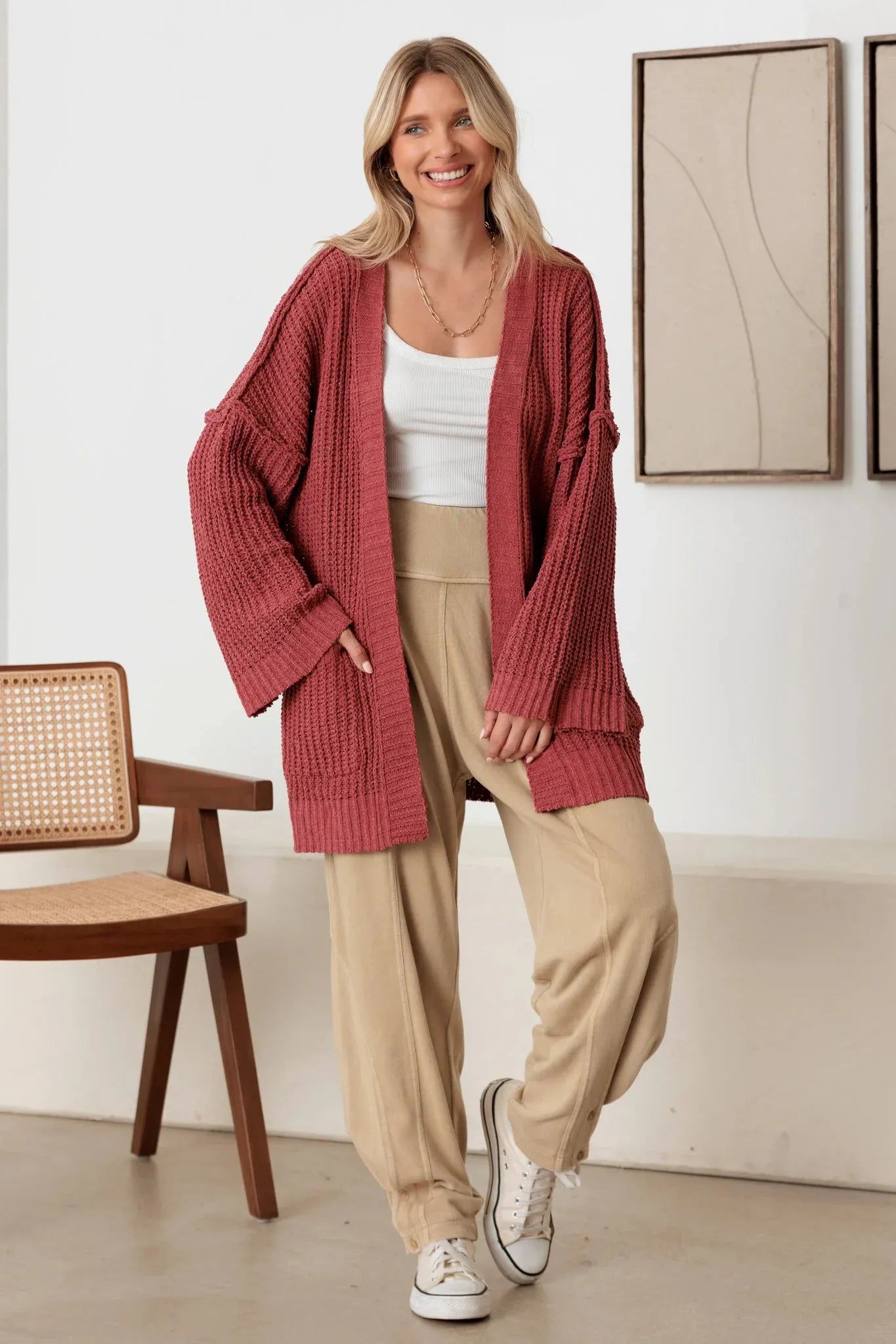Long Sleeve Two Pocket Open Front Knit Cardigan - Tasha Apparel Wholesale