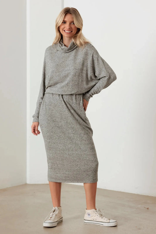 Turtle Neck Elastic Waist Long Sleeve Midi Dress - Tasha Apparel Wholesale