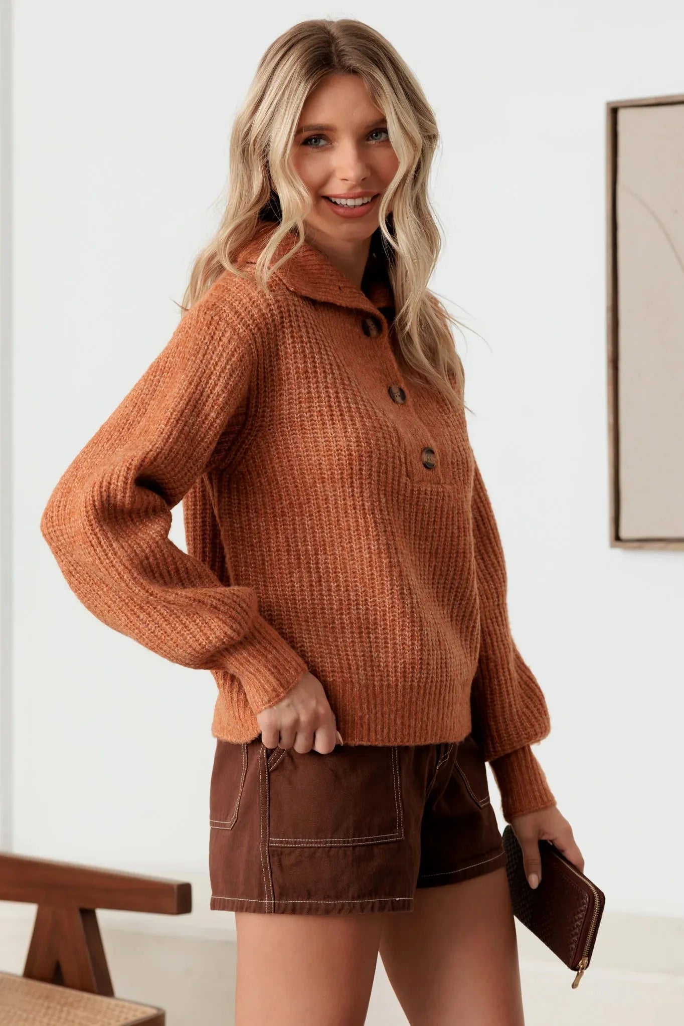 100% Wool Button-Up Neck Pullover Sweater - Tasha Apparel Wholesale