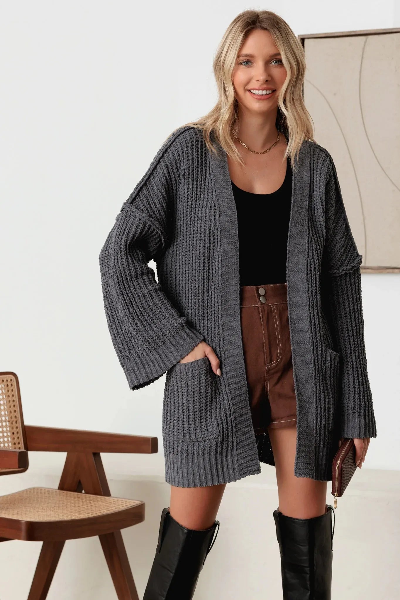 Long Sleeve Two Pocket Open Front Knit Cardigan - Tasha Apparel Wholesale