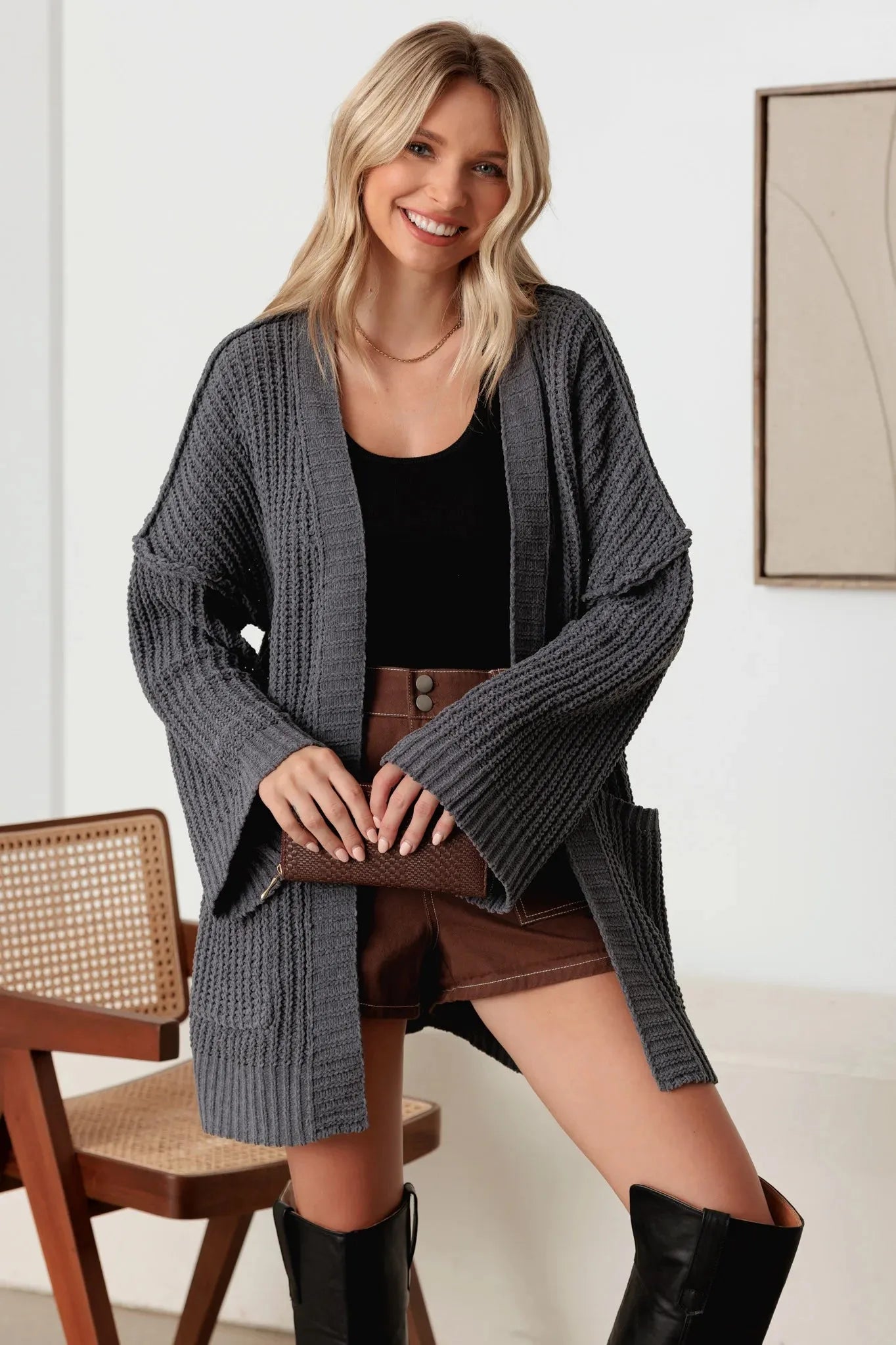 Long Sleeve Two Pocket Open Front Knit Cardigan - Tasha Apparel Wholesale