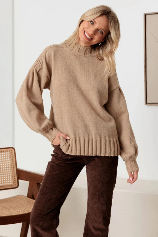 Knit Crew Neck Long Puff Sleeve Sweater - Tasha Apparel Wholesale