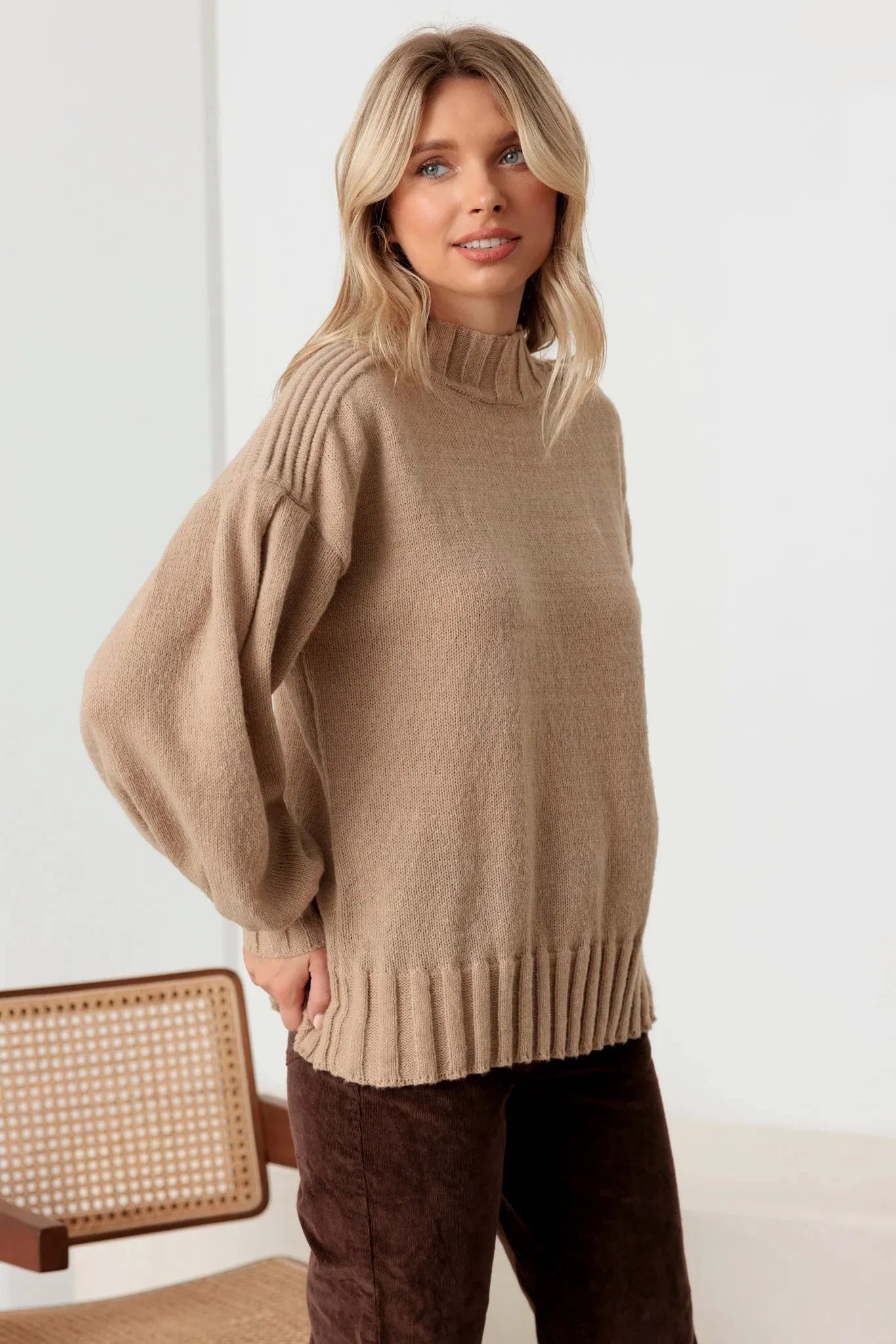 Knit Crew Neck Long Puff Sleeve Sweater - Tasha Apparel Wholesale