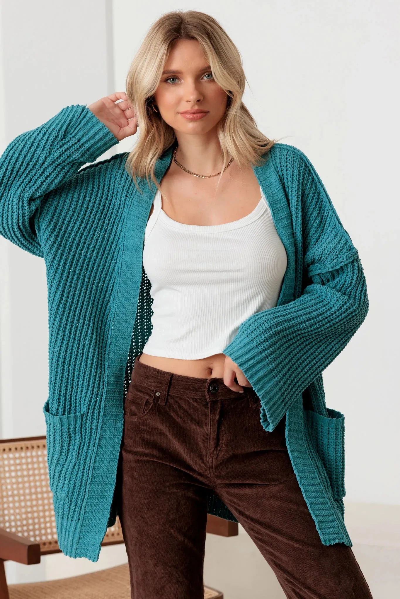 Long Sleeve Two Pocket Open Front Knit Cardigan - Tasha Apparel Wholesale