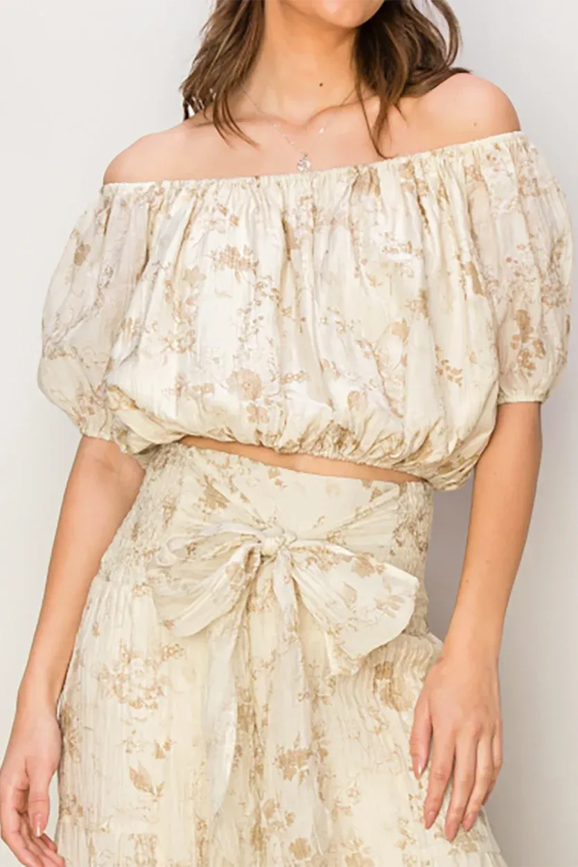 Taupe Floral Off-Shoulder Elastic Hem Puff Sleeve Crop Top