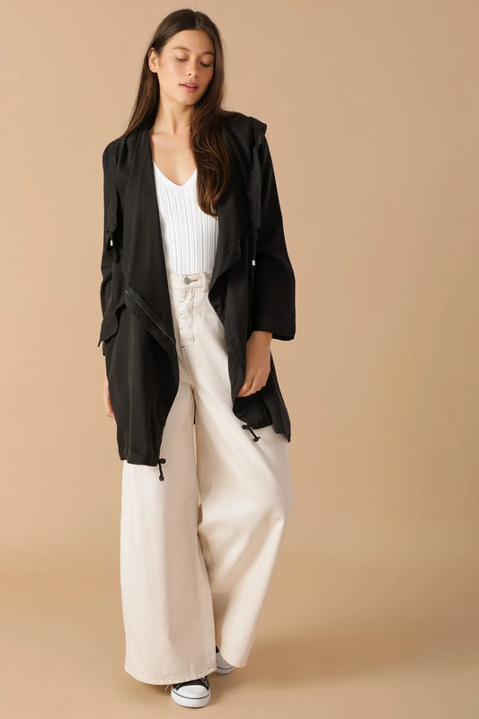 Draped Wide Asymmetrical Lapel Collar Hooded Jacket - Tasha Apparel Wholesale