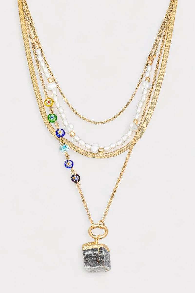Cube Stone Pendant Layered Chain Pearl Necklace - Tasha Apparel Wholesale