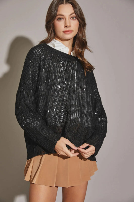 Long Sleeve Loose Fit Distressed Sweater - Tasha Apparel Wholesale