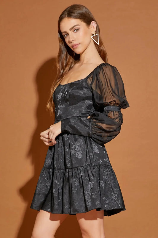 Romantic Floral Puff Sleeve Back Ribbon Tiered Dress - Tasha Apparel Wholesale