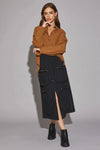 Utility Pockets Front Slit Drawstring Waist Midi Skirt - Tasha Apparel Wholesale
