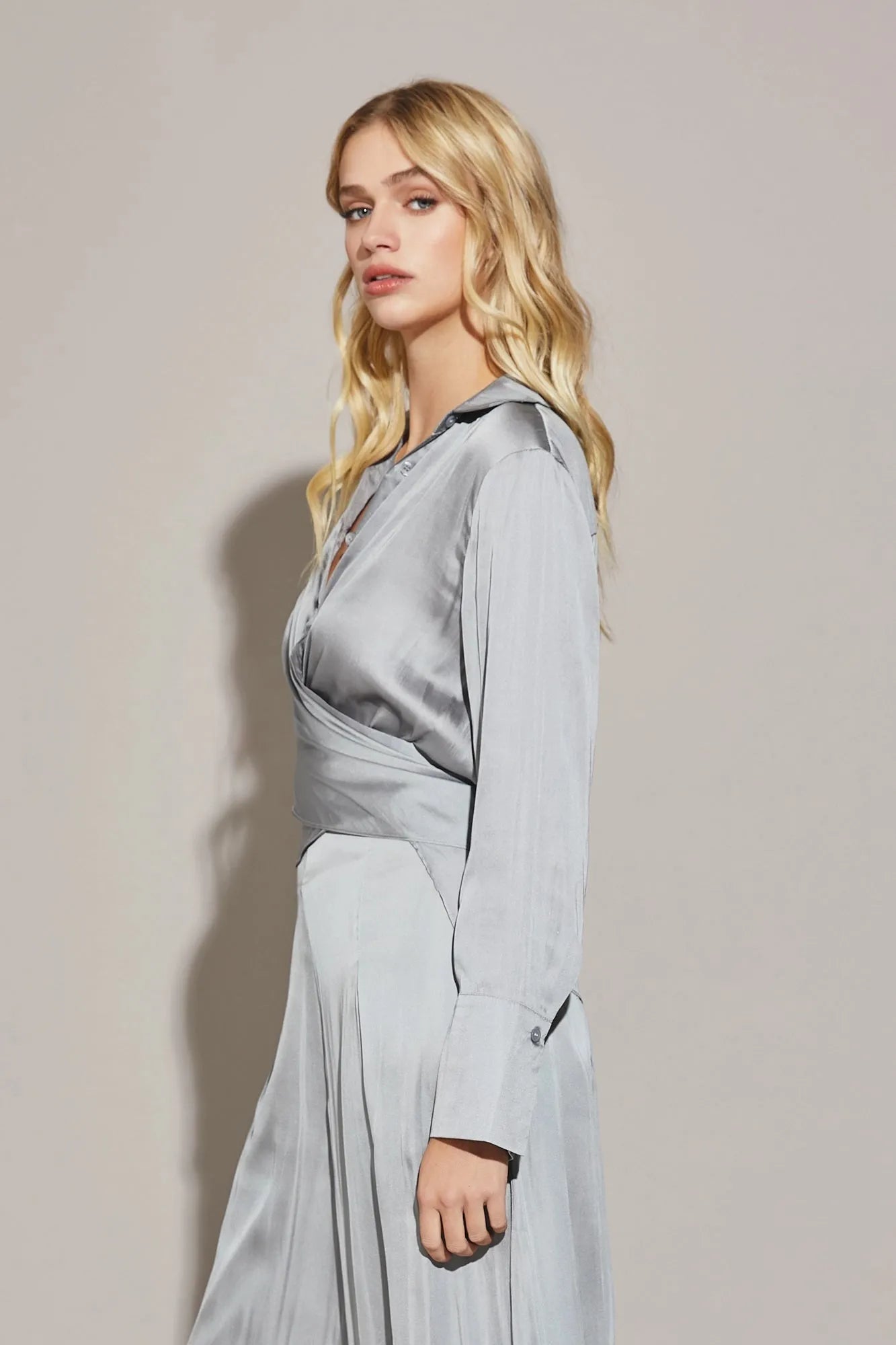 Satin Cross Wrap Tie Back Shirt - Tasha Apparel Wholesale
