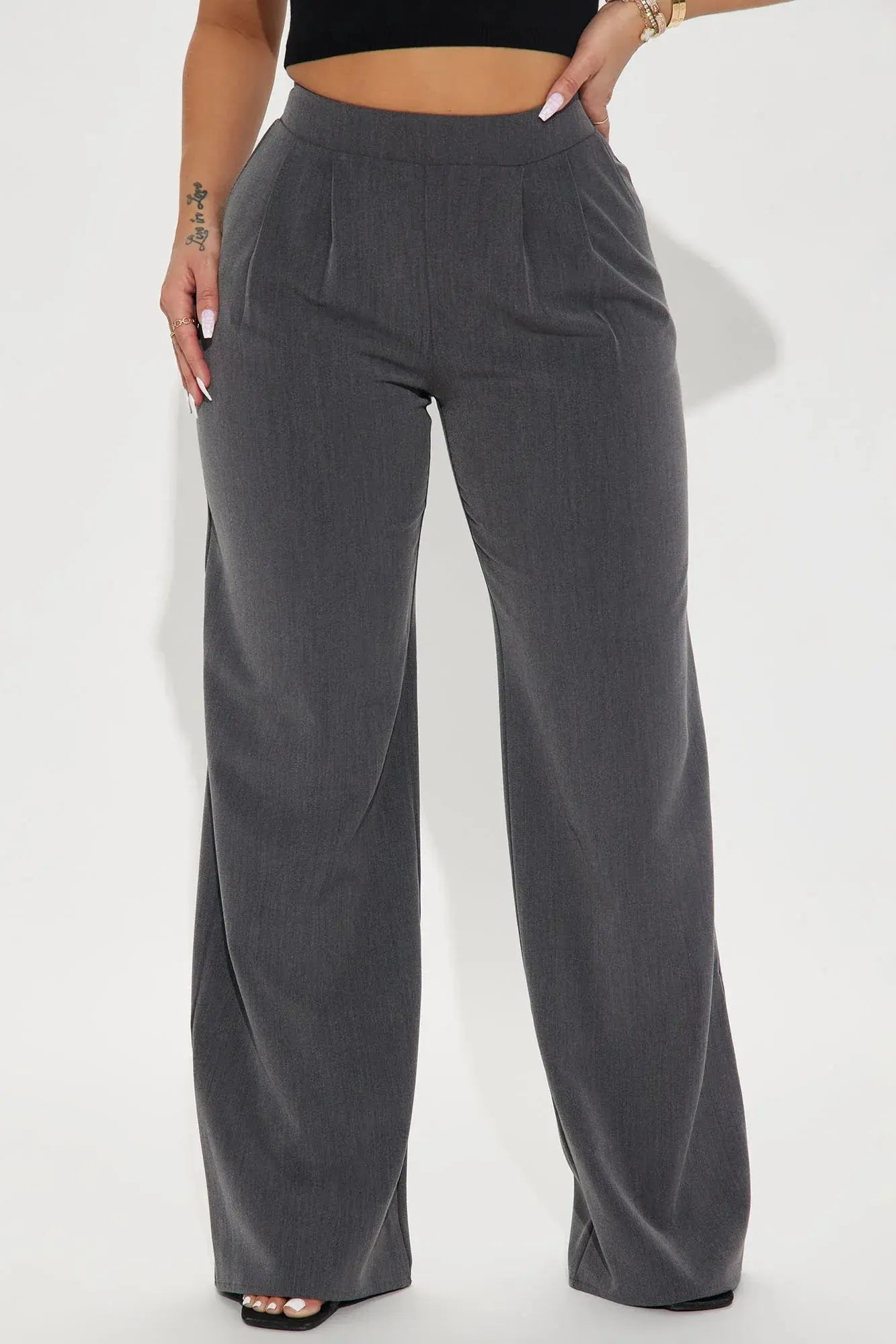 Charcoal High-Waisted Wide Leg Trousers - Tasha Apparel Wholesale