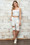 White High Waisted Distressed Bermuda Cotton Denim Shorts - Tasha Apparel Wholesale