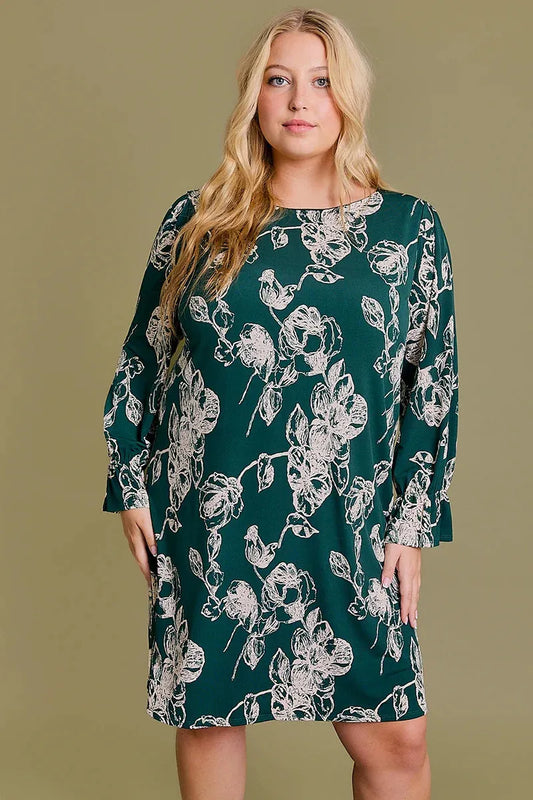 Plus Size Floral Print Long Elastic Sleeve Mini Dress