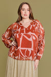 Plus Size Ruffle Abstract Long Sleeve V-Neck Blouse - Tasha Apparel Wholesale