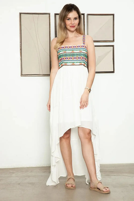Ethnic Smocked Back Embroidered Sleeveless High Low Dress