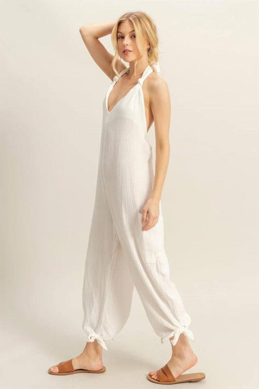 Cotton Halter Open Back With Drawstring Tie Wide Leg Loose Jumpsuit