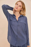 Button Up Front Pocket Blue Oversized Long Sleeve Shirt