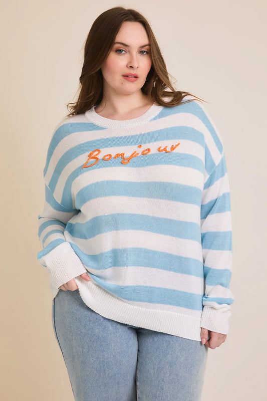 XMWT10204 Gilli Plus Size Round Neck "Bonjour" Graphic Stripe Sweater - Tasha Apparel Wholesale