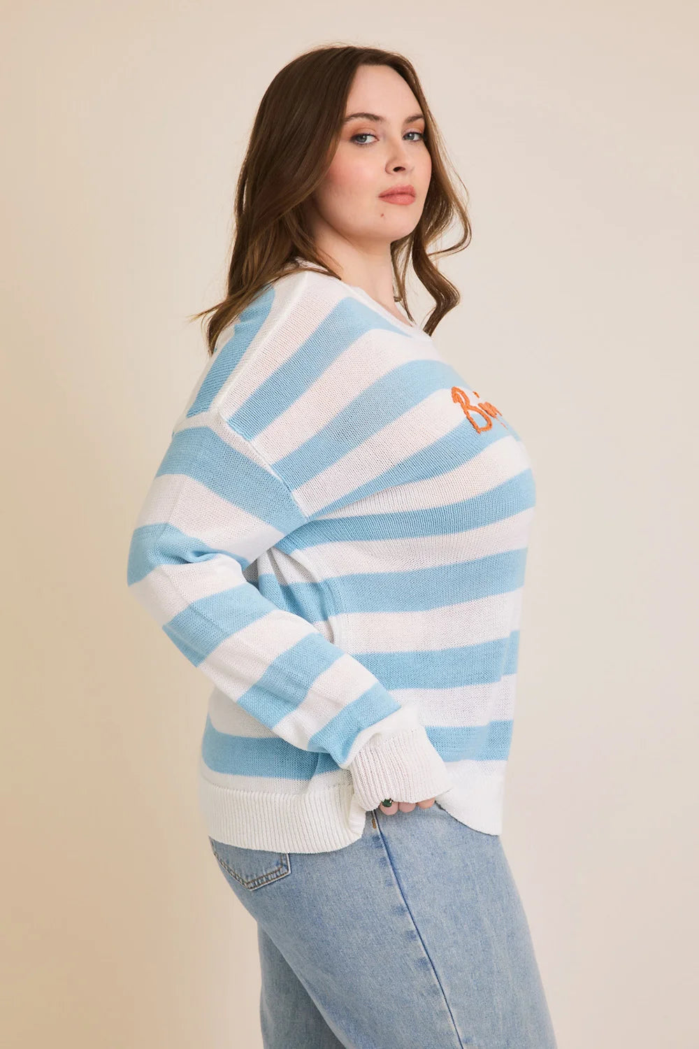 XMWT10204 Gilli Plus Size Round Neck "Bonjour" Graphic Stripe Sweater - Tasha Apparel Wholesale