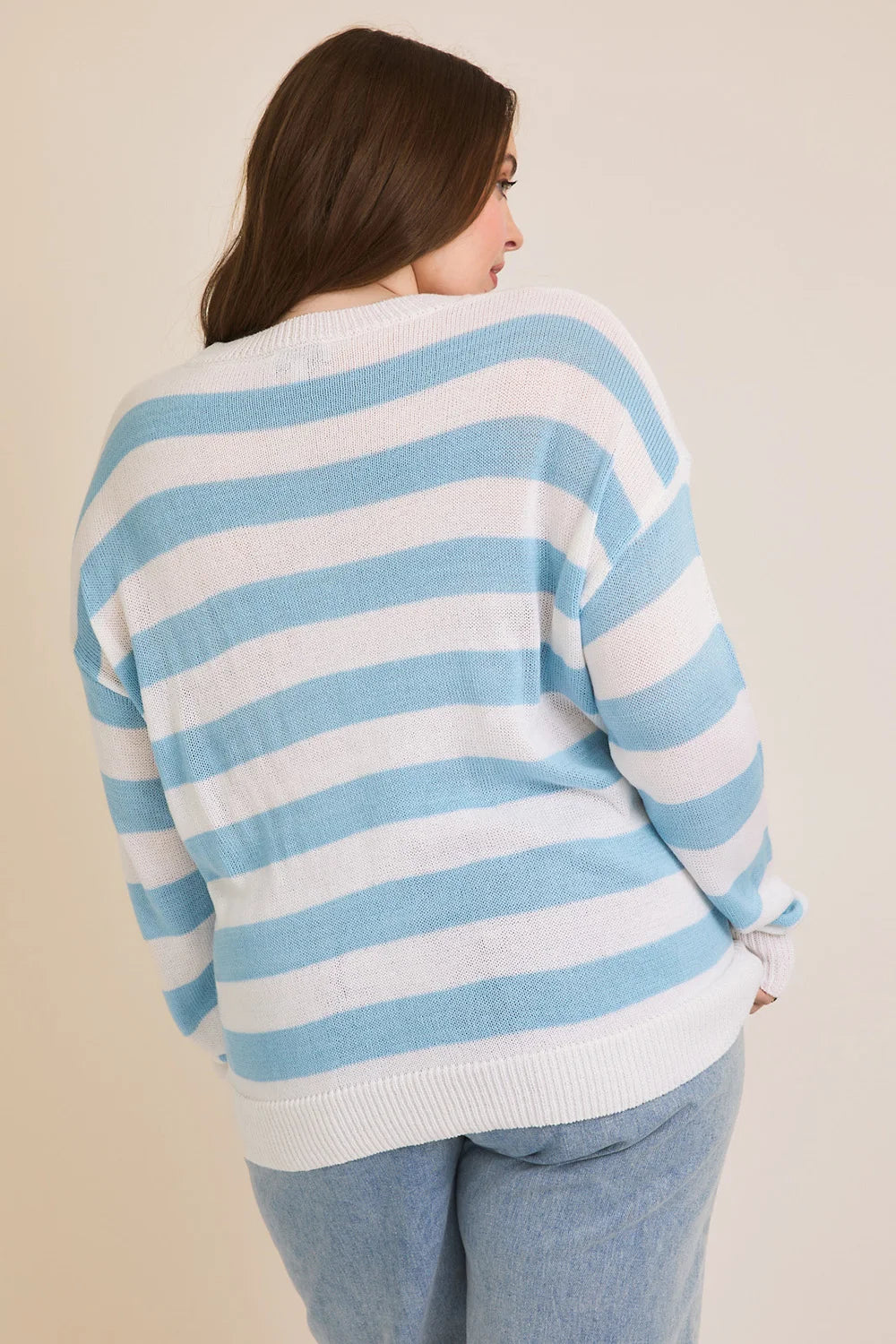 XMWT10204 Gilli Plus Size Round Neck "Bonjour" Graphic Stripe Sweater - Tasha Apparel Wholesale
