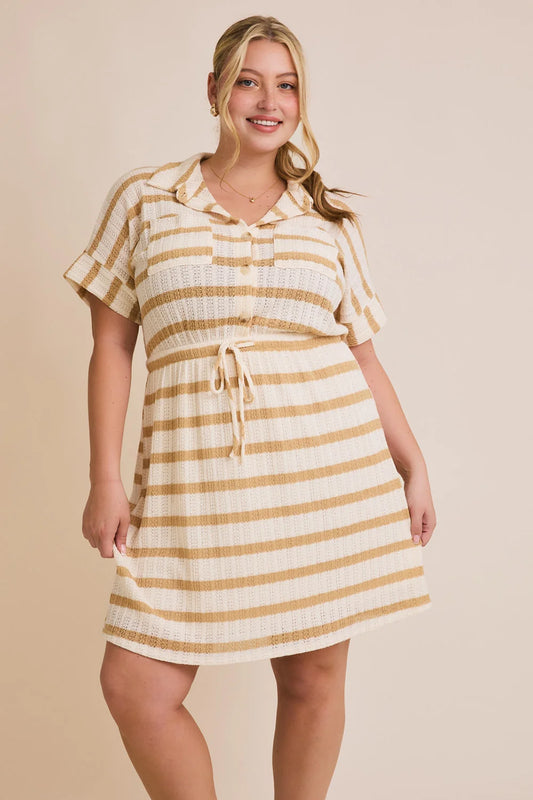 Cream Camel Striped Crochet Knit Button Front Collared Tie Waist Dress