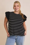 Plus Size Ruffle Sleeve Classic Black White Striped Flutter Knit Top