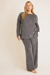 Plus Size Charcoal Knit Cozy Long Sleeve Top and Wide Leg Lounge Set Pants