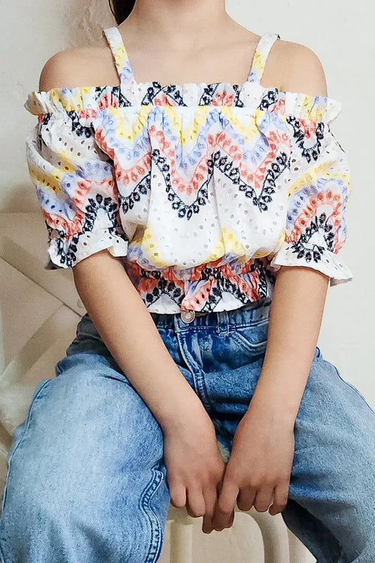 Girls Rainbow Multicolor Boho Lace Cold Shoulder Ruffle Crop Top