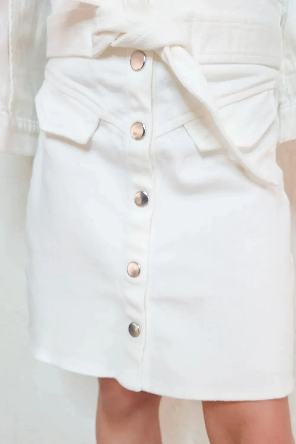 Girls White Denim Button Down Belted Front Tie Mini Skirt
