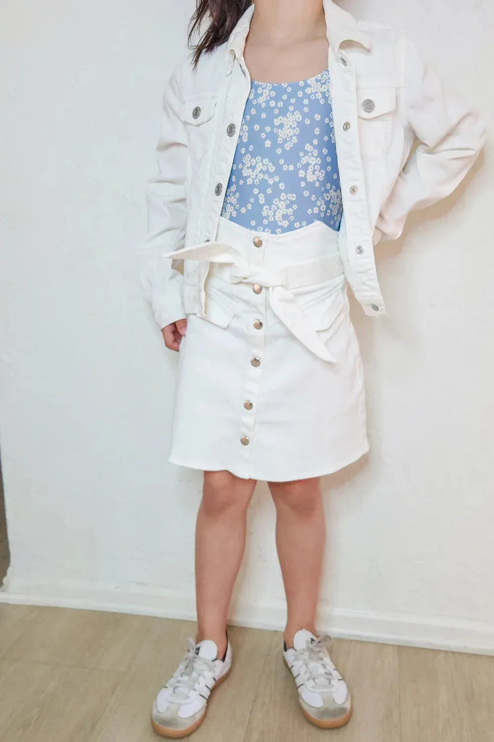 Girls White Denim Button Down Belted Front Tie Mini Skirt