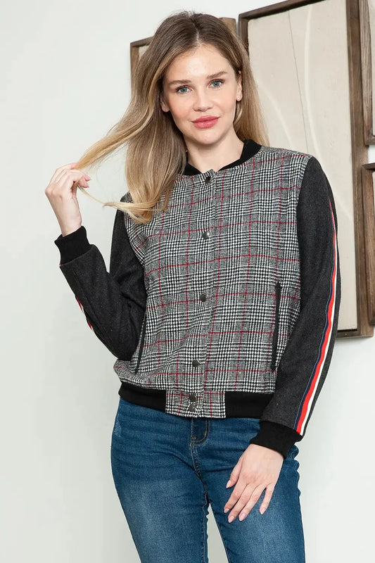 Plaid Long Sleeve Side Red Stripe Detail Button Down Jacket