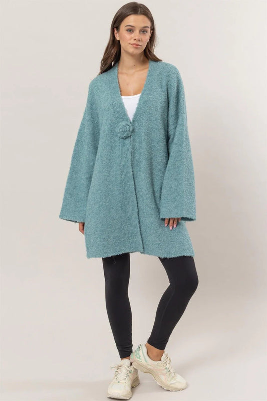 Oversize Cozy Seafoam Boucle Cardigan with Flower Button Knit Sweater Coat - Tasha Apparel Wholesale