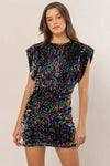 Sparkly Rainbow Sequin Padded Shoulder Velvet Party Mini Dress