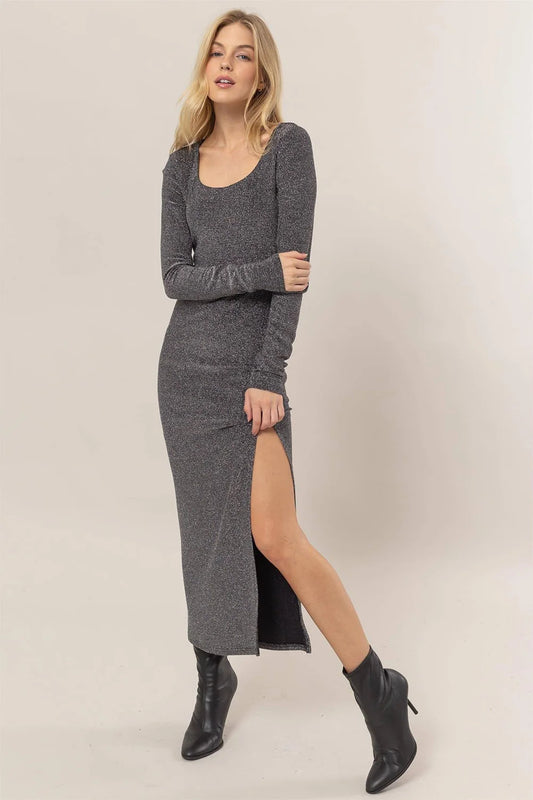 Shimmer Charcoal Bodycon with Side Slit Fitted Long Sleeve Maxi Dress - Tasha Apparel Wholesale
