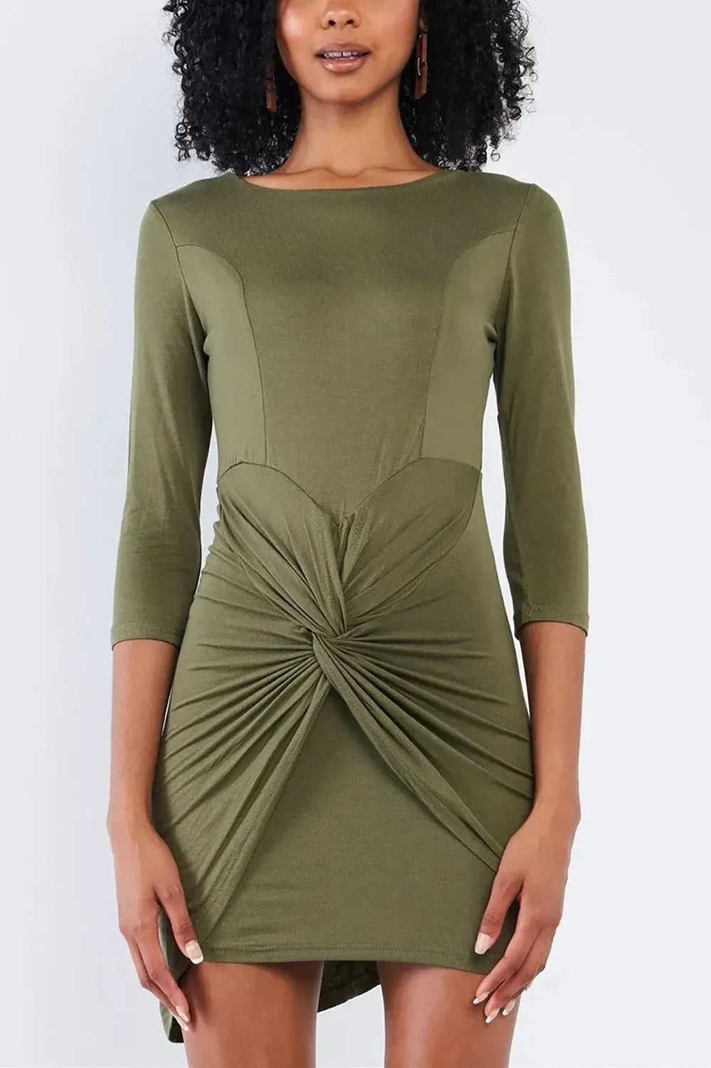 Olive Green 3/4 Sleeves Twist Front Bodycon Mini Dress - Tasha Apparel Wholesale