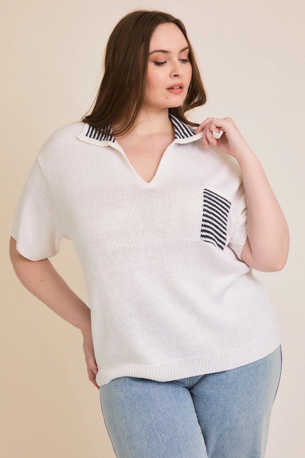 Plus Size V-Neck Striped Collar Knit Top with Pocket - Preppy Summer Sweater - Tasha Apparel Wholesale