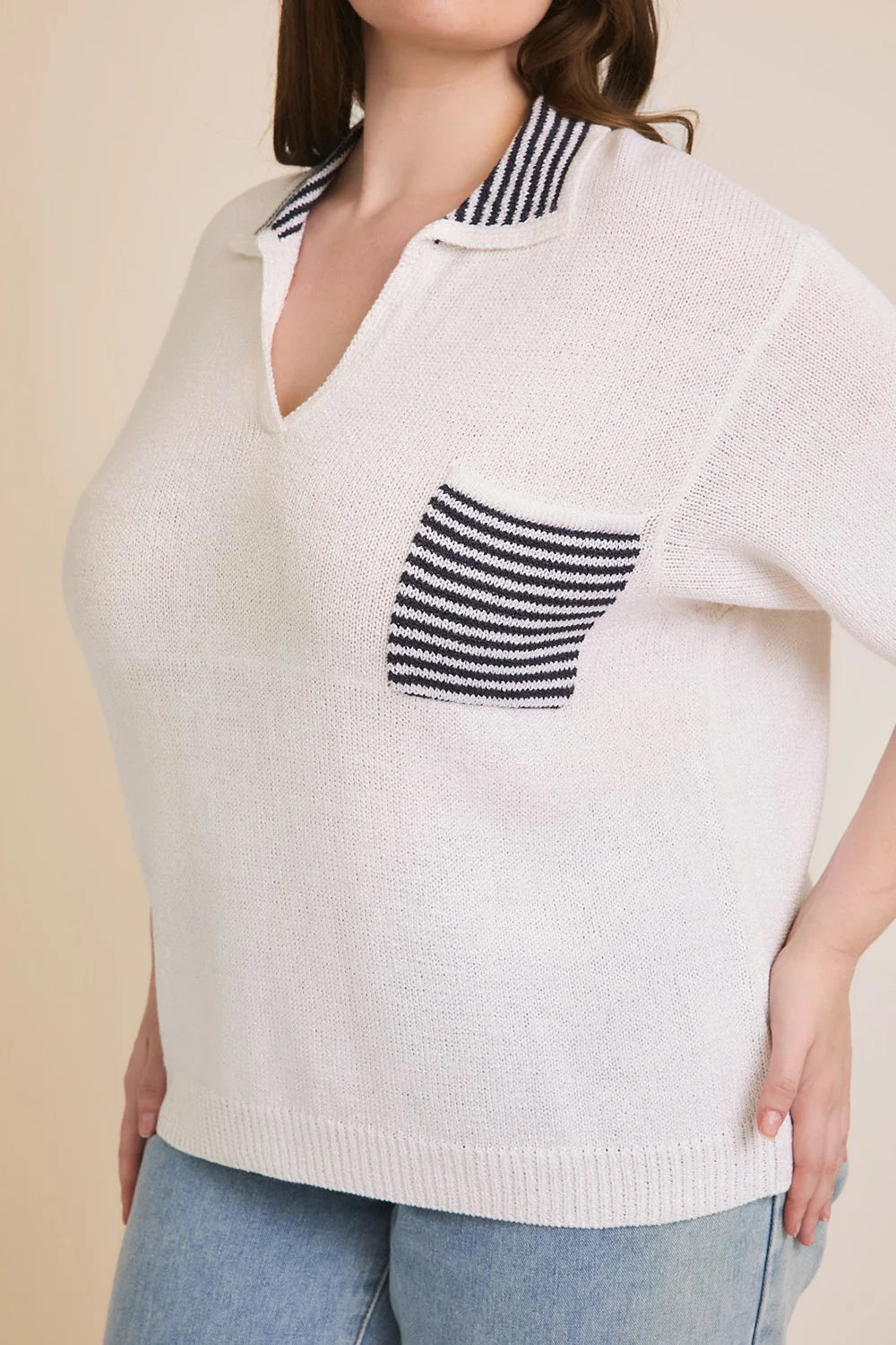 Plus Size V-Neck Striped Collar Knit Top with Pocket - Preppy Summer Sweater - Tasha Apparel Wholesale