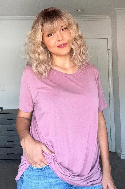 Plus Size Mauve Basic Twist Front Short Sleeve Relaxed Fit Top