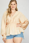 Plus Size Silky V-Neck Smocked Cuffs Peplum Blouse - Elegant Flowy Top - Tasha Apparel Wholesale