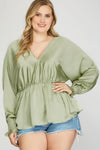 Plus Size Silky V-Neck Smocked Cuffs Peplum Blouse - Elegant Flowy Top - Tasha Apparel Wholesale
